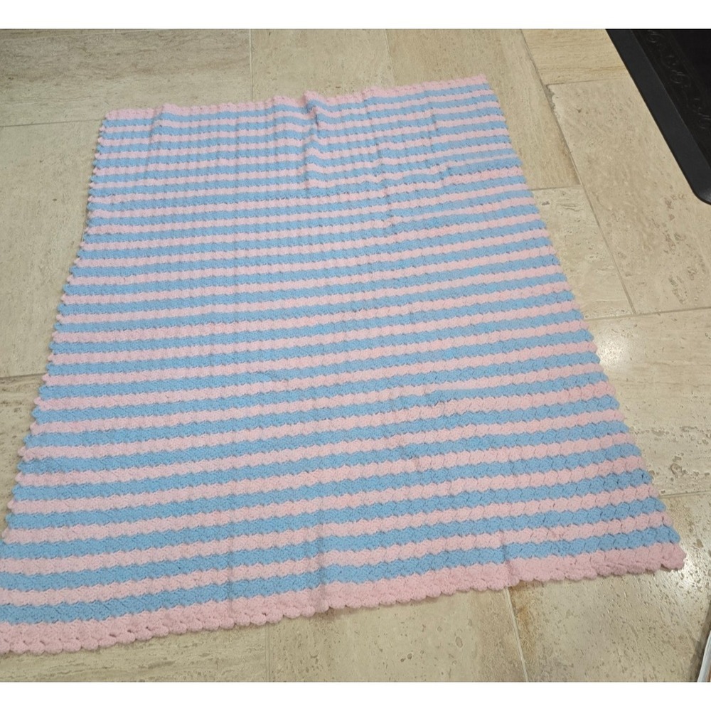 Handmade Crochet Baby Blanket Afghan Pastel Stripes Pink Blue 37x41